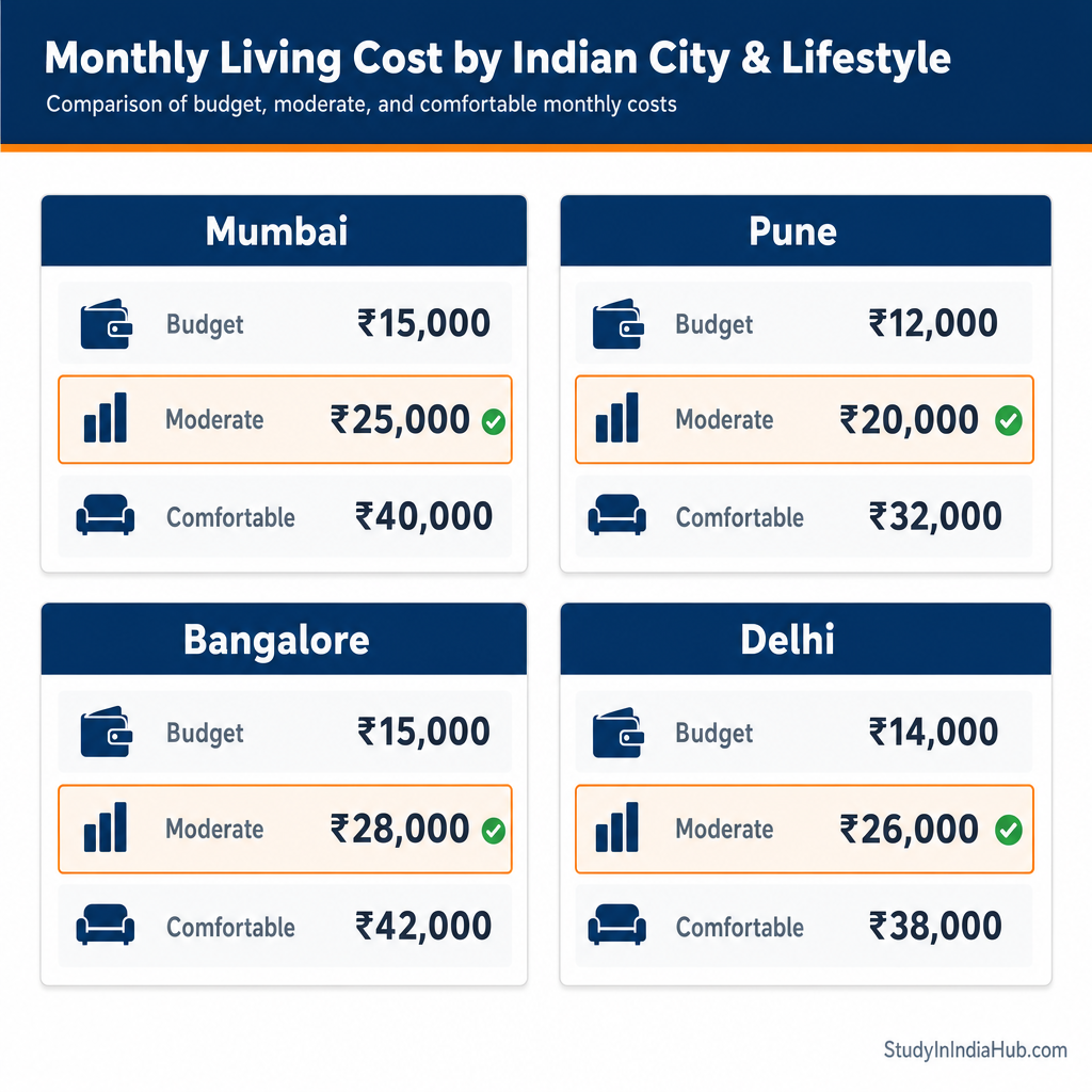 StudyInIndiaHub.com — Monthly Living Cost by Indian City & Lifestyle
