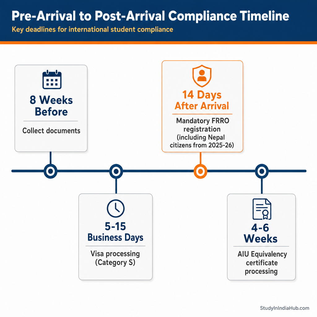 StudyInIndiaHub.com — Pre-Arrival to Post-Arrival Compliance Timeline