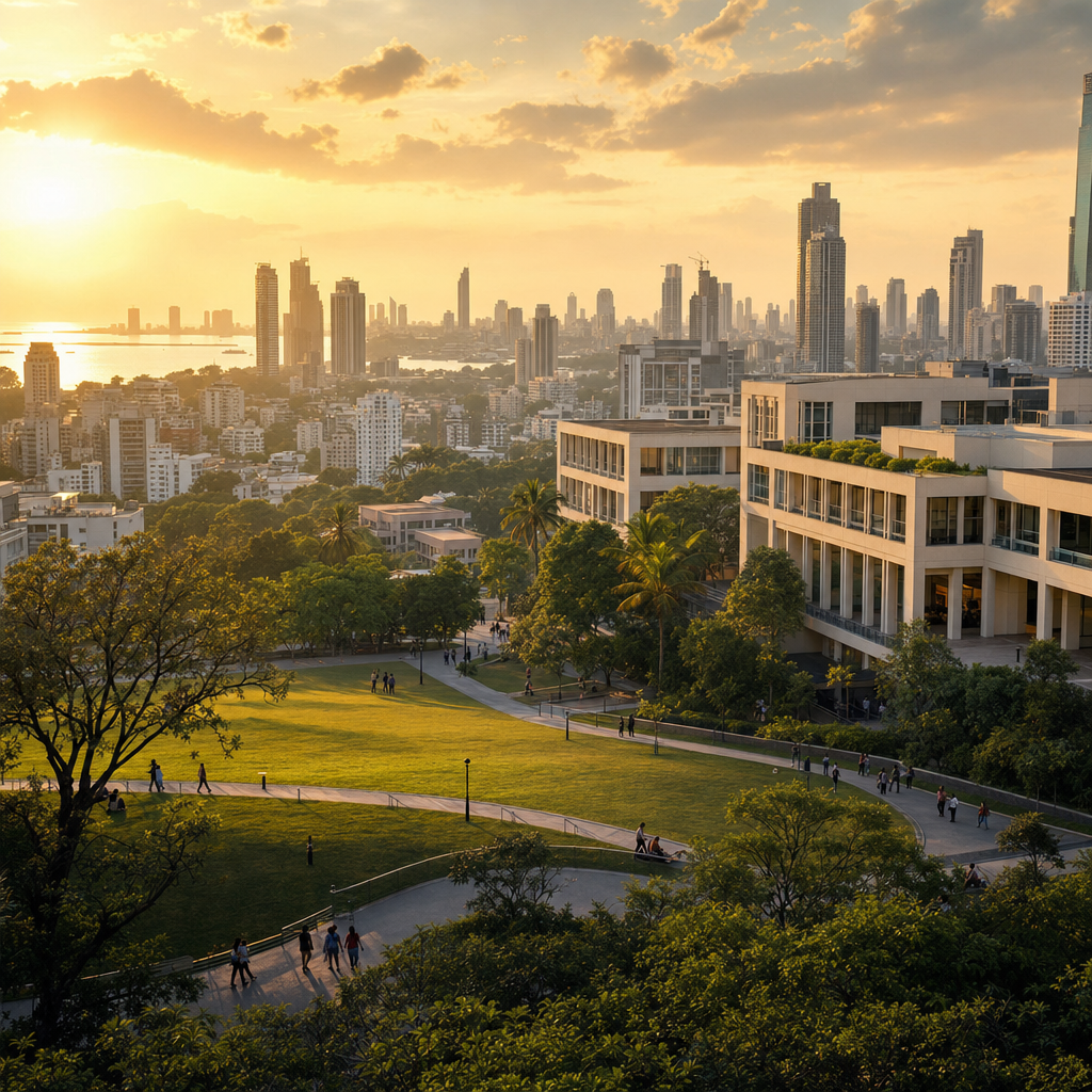 Mumbai skyline with university campus overlay — hero image, 1200x630px
