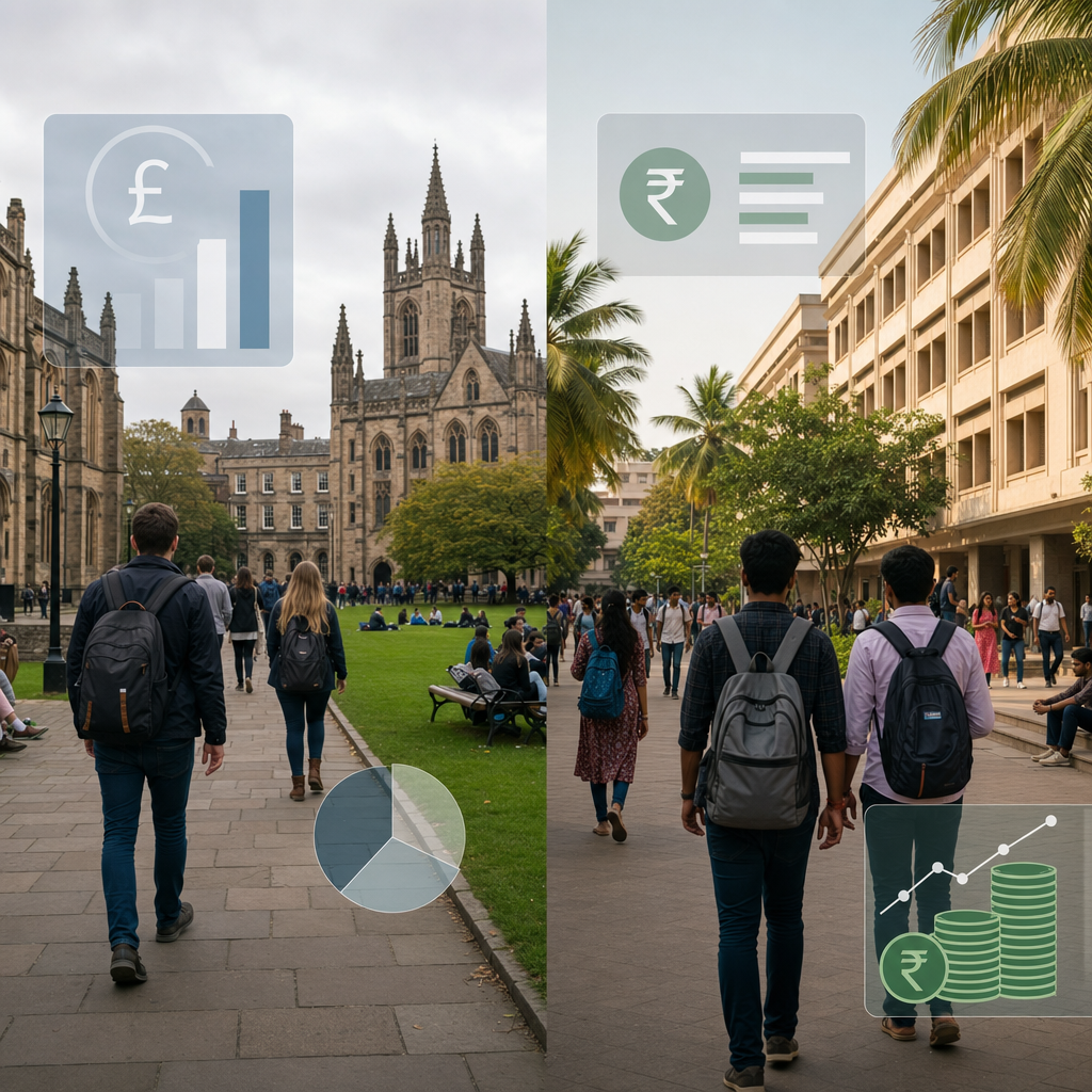 Side-by-side photo comparison — a UK campus quad vs. an Indian university campus, with cost overlay graphics.
