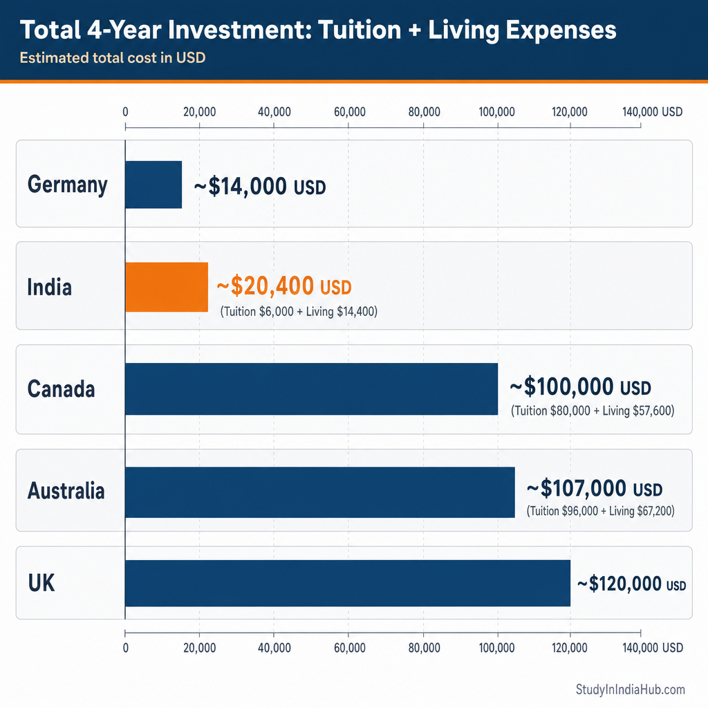 StudyInIndiaHub.com — Total 4-Year Investment: Tuition + Living Expenses